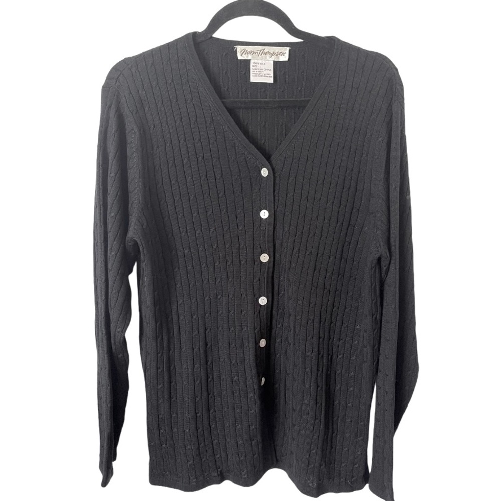 Norm Thompson 100% Silk Black Cable Knit‎ Cardigan